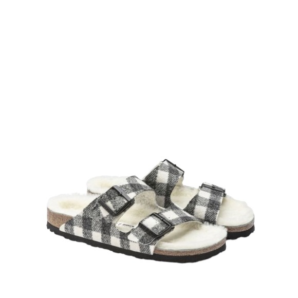 Nwt Birkenstock Arizona Black & White Plaid Shearling Sandals Size 11
